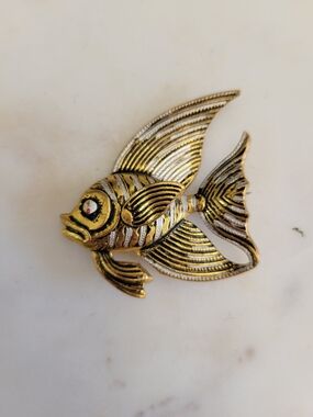 Vintage Fish Damascene Handmade Made in Spain Mixed Metal Gold Silver Brooch
